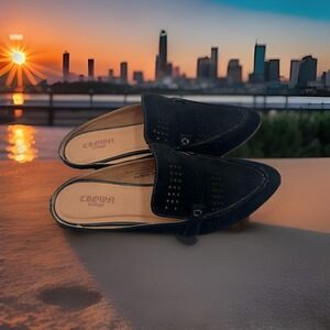 Crown Vintage Women's Sz 7M Flats Slides Katrine‎ Black Suede Leather Slip On